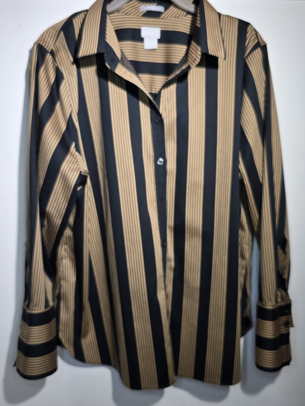 Chico’s Women’s Size 3 No Iron Chic Stretch Striped Button Front Blouse Black XL